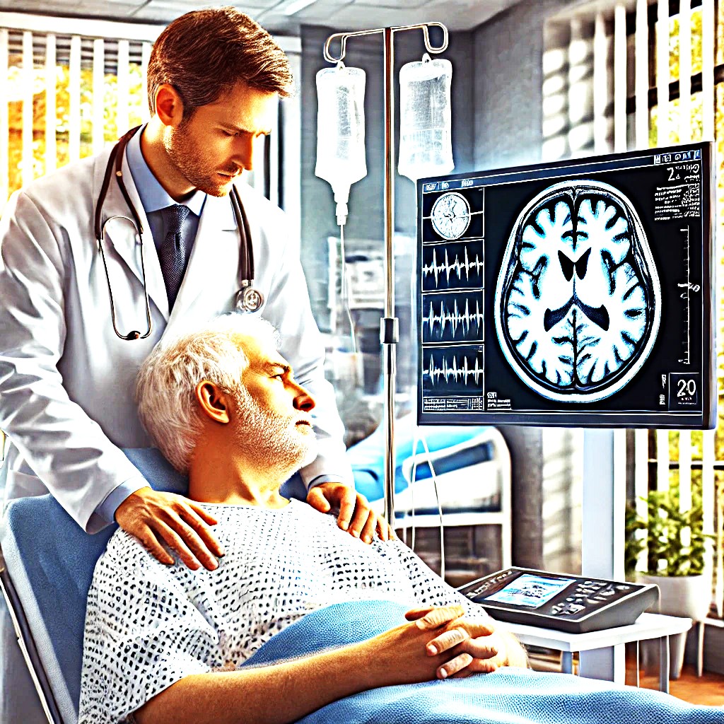 DALL·E 2024-12-07 17.39.13 - A medically accurate image depicting a stroke patient in a hospital setting. A doctor is attending to a middle-aged patient with clear signs of stroke