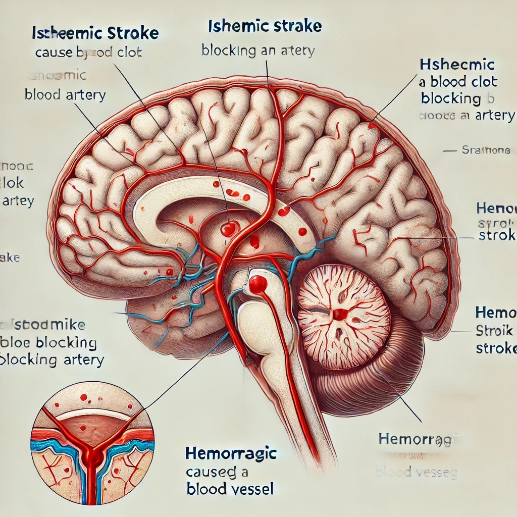 DALL·E 2024-12-07 17.39.46 - A detailed medical illustration showing the pathology of a stroke. The image includes a cross-section of the human brain with clear labeling of ischem